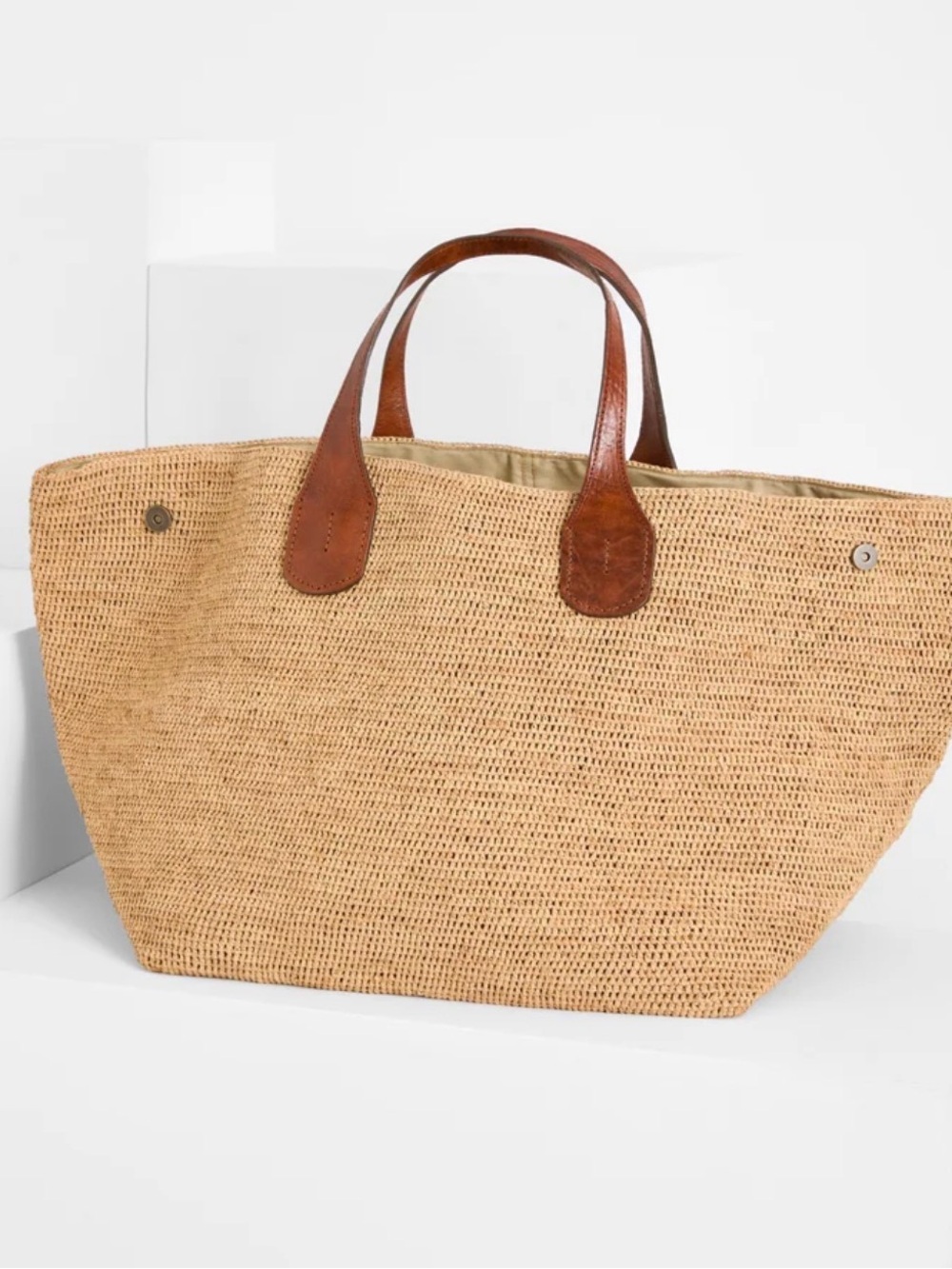 New Ibeliv Rio Natural Woven Tote with Brown Leather Handles